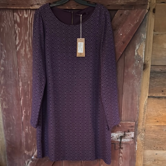 PrAna Black/Plum print crew neck long sleeve crewneck lined crepe midi shift NWT - Picture 2 of 8